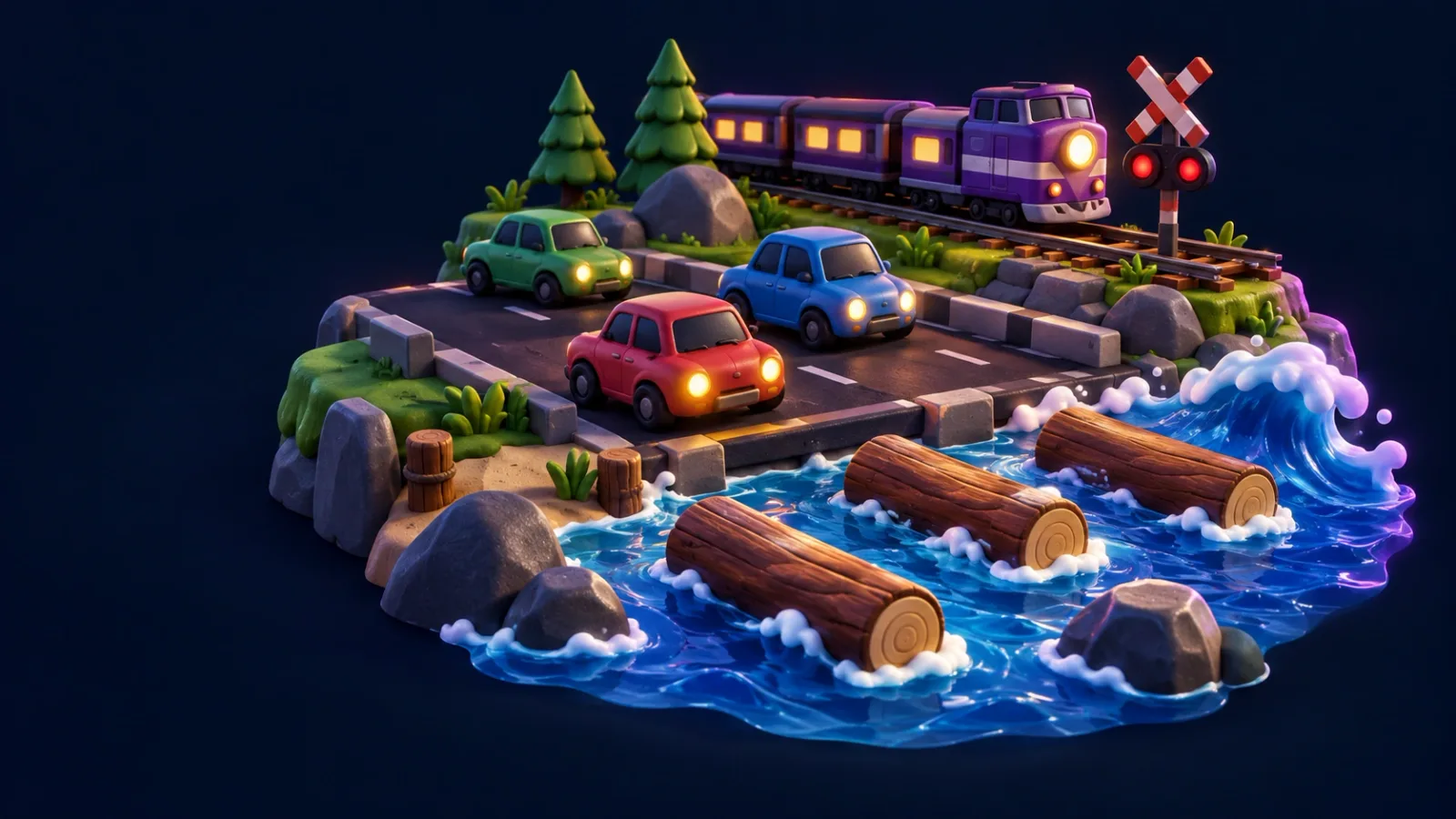 Illustrated cover for Crossing. Hop the traffic, ride the logs, mind the train. The tide won't wait.