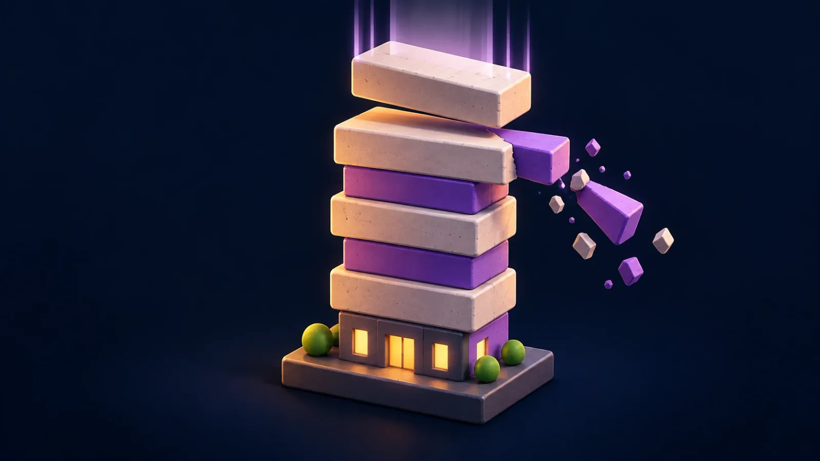 Illustrated cover for Highrise. Drop the sliding slab dead on top. Overhang gets sliced off forever.