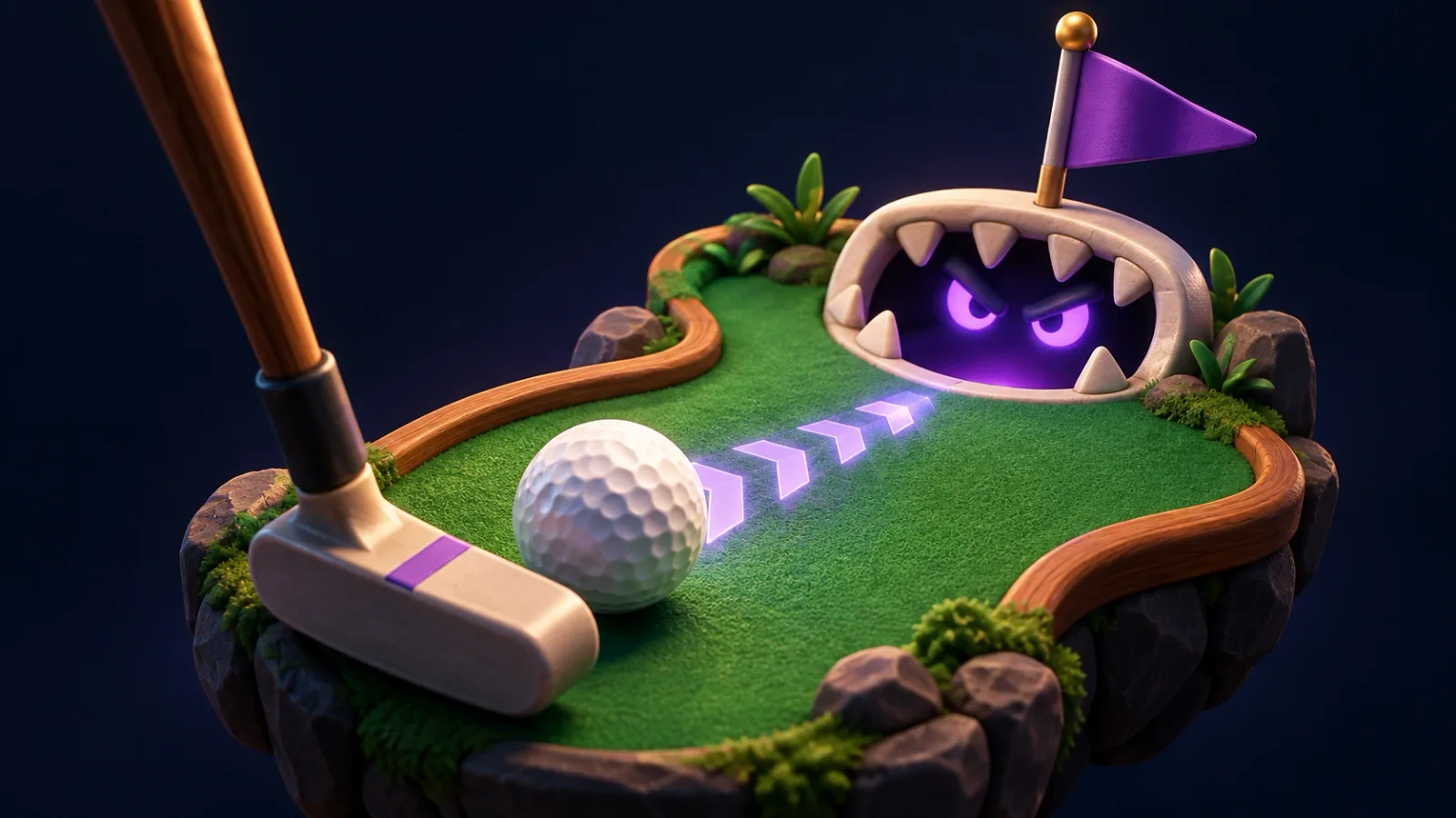 Illustrated cover for Putt. Lock the aim, charge the shot, sink it in one. The cup gets meaner.