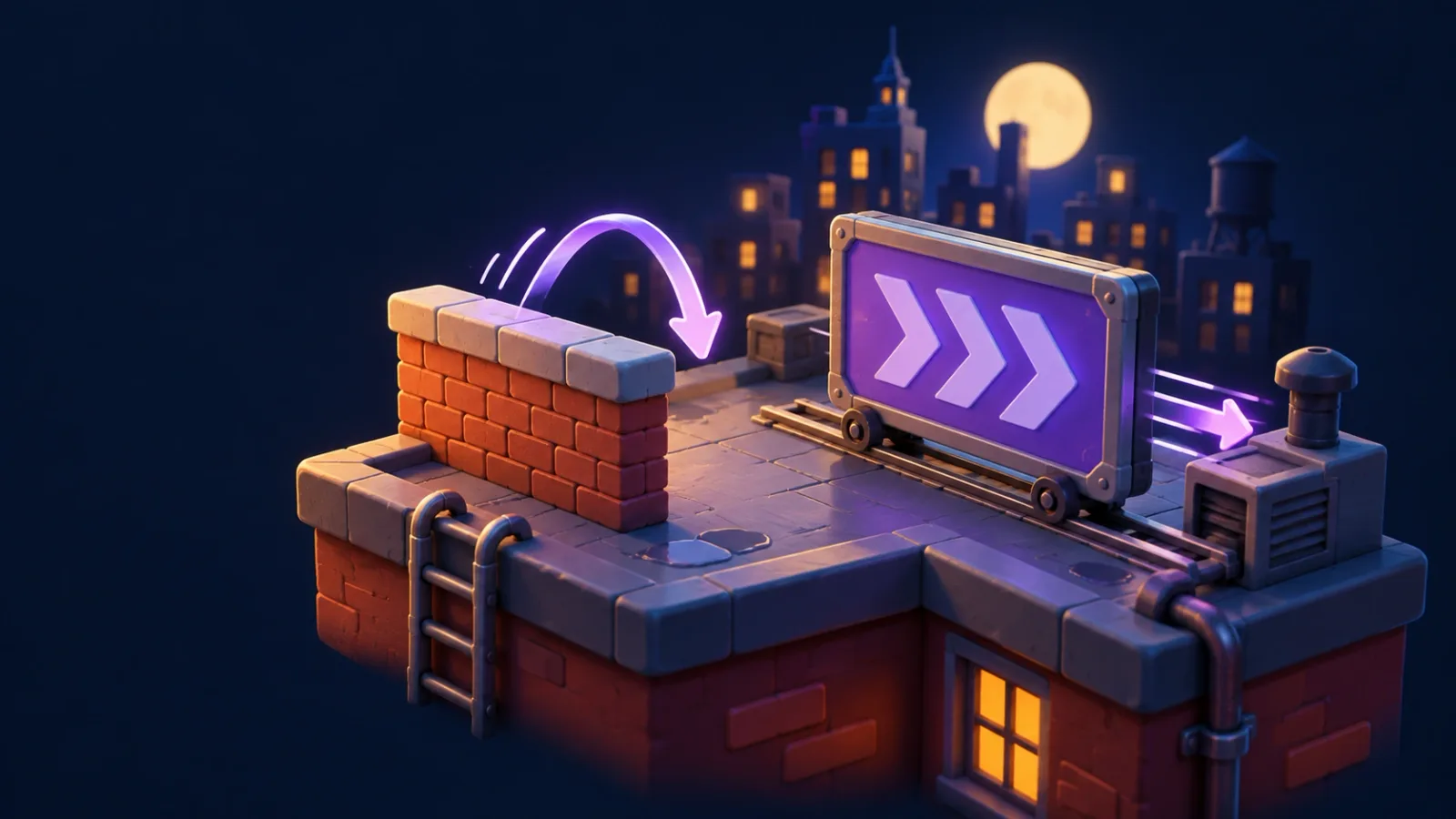 Illustrated cover for Rooftop. Tap to jump the walls, hold to slide the signs. Don't stop running.