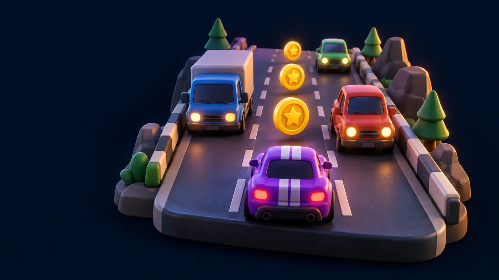 Illustrated cover for Swerve. Tap left or right to switch lanes. Thread the traffic, snag the coins.