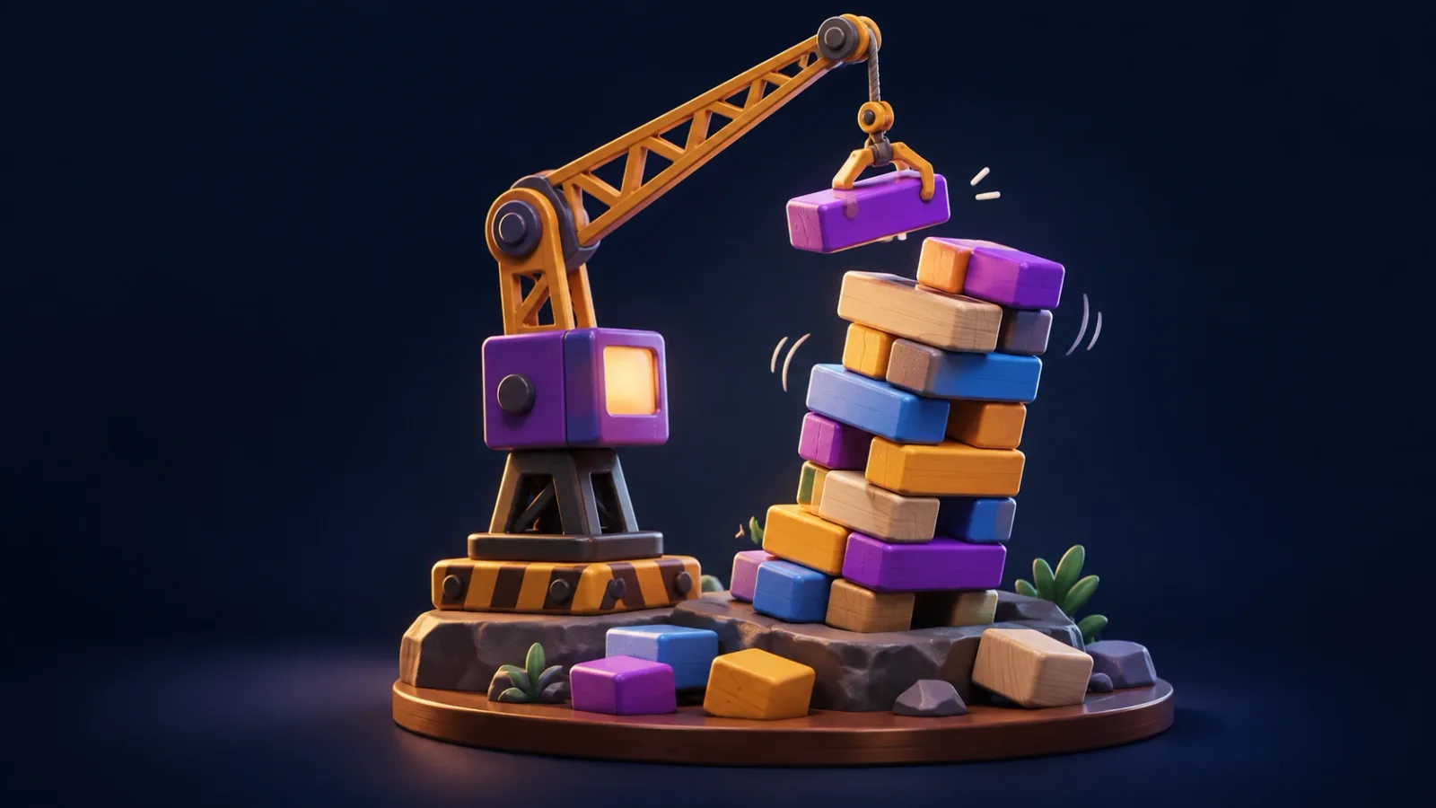 Illustrated cover for Topple. Drop blocks from the swinging crane. Sloppy landings wobble the tower over.