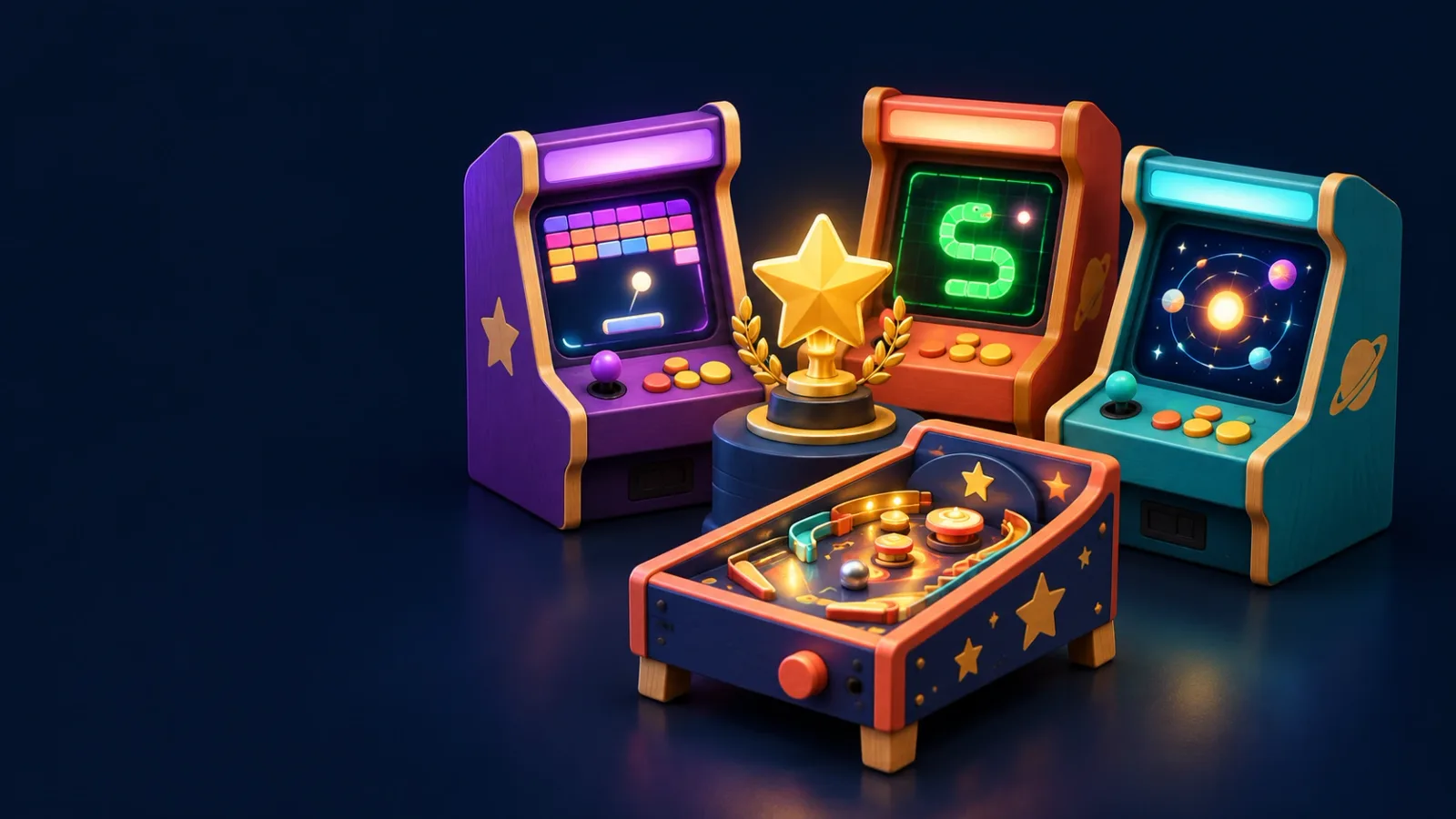 Illustrated cover for Arcade Gauntlet. One-minute cabinets, one seed, every phone plays the identical game. Five, ten or fifteen rounds. Placement points decide the night.