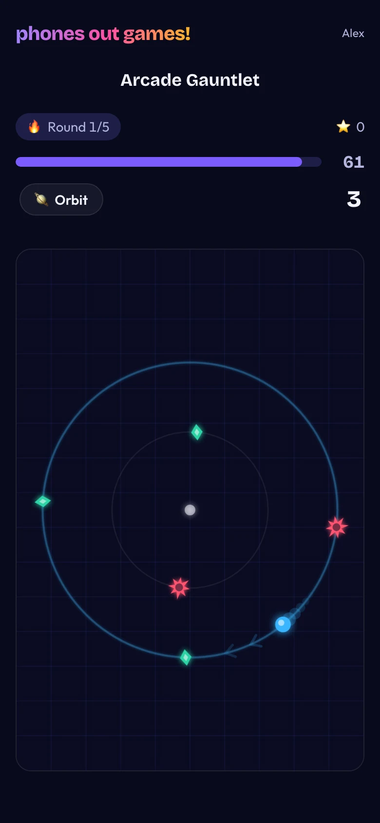 Arcade Gauntlet phone screen: Round one: Orbit