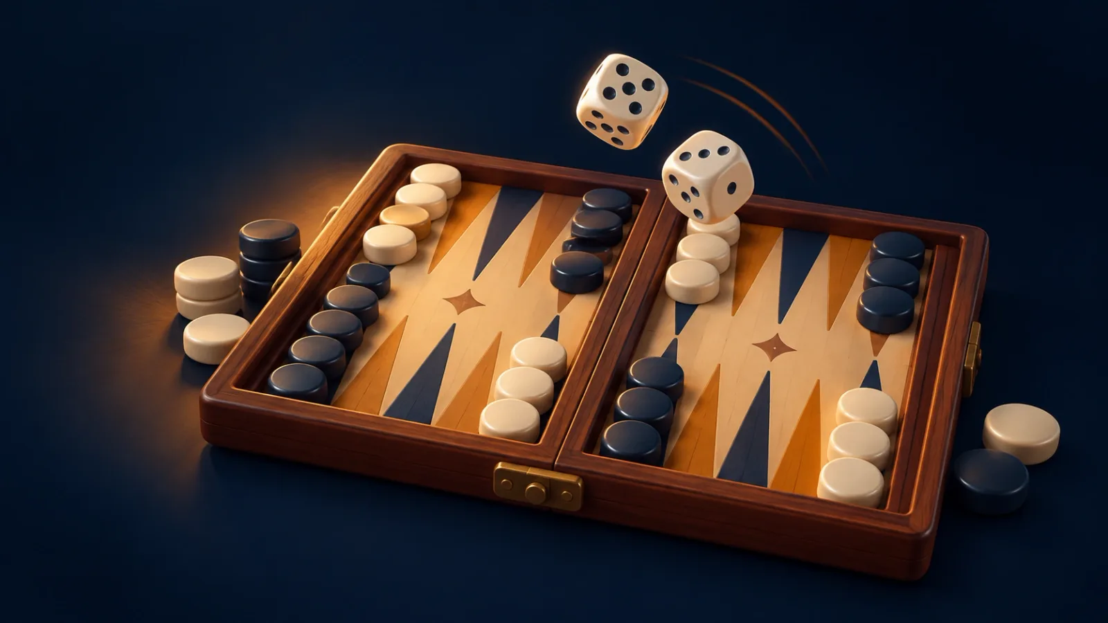 Illustrated cover for Backgammon. The 5,000-year-old classic, head to head. Server-rolled dice tumble across a 3D board.