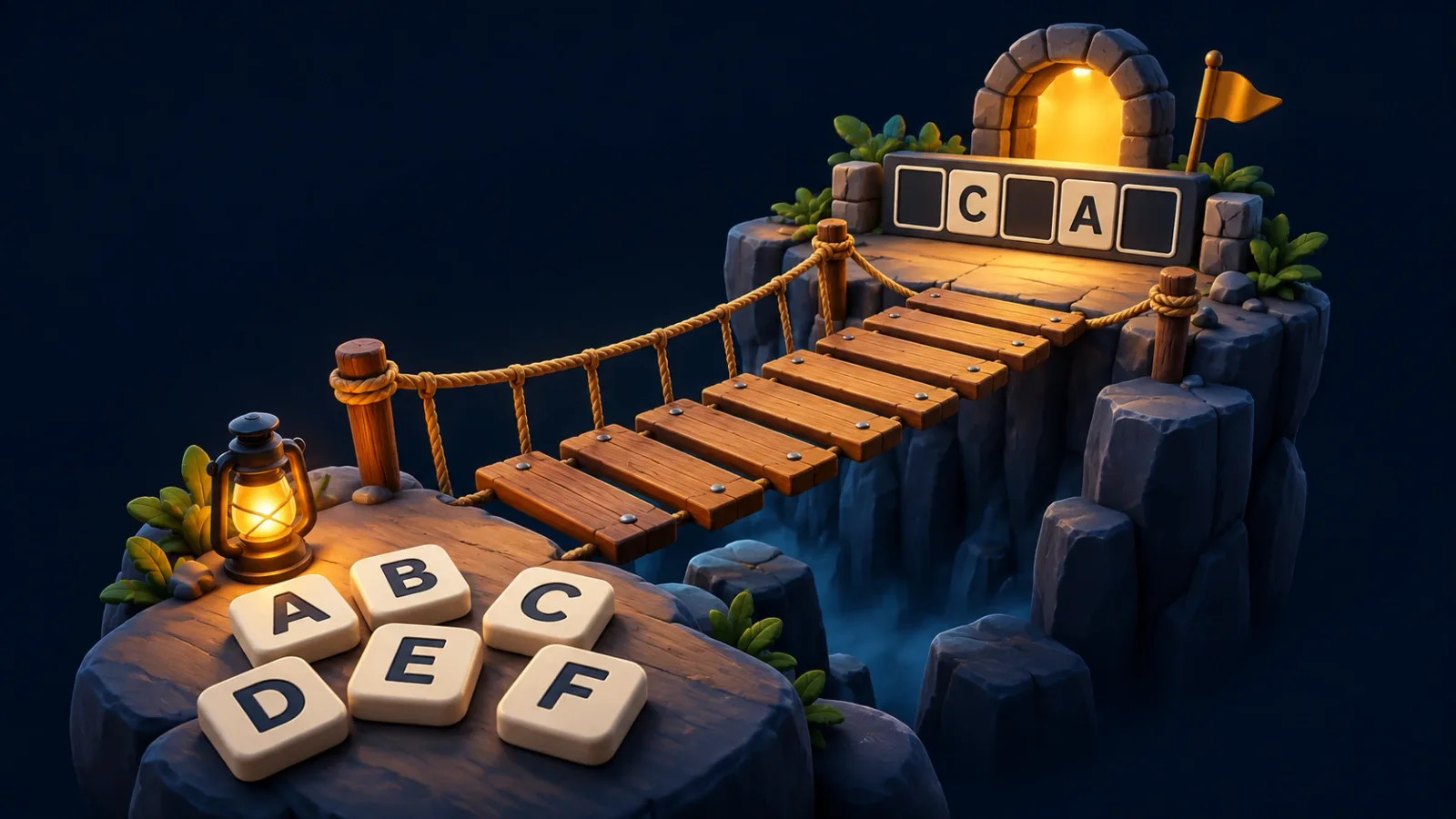 Illustrated cover for Rope Bridge. One word, one room, eight planks. Every wrong letter drops one.