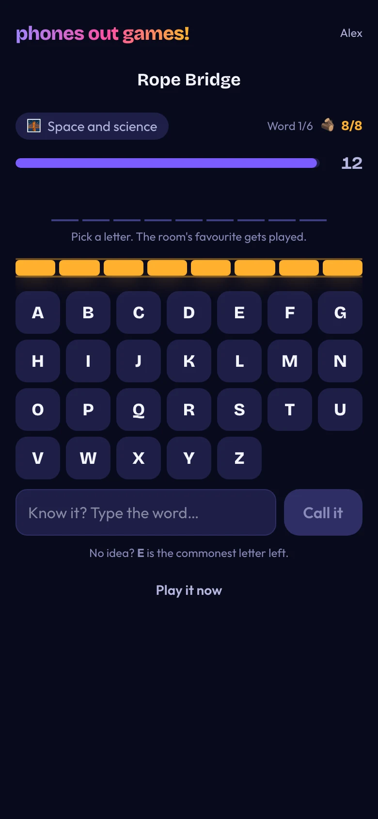 Rope Bridge phone screen: Choose a letter