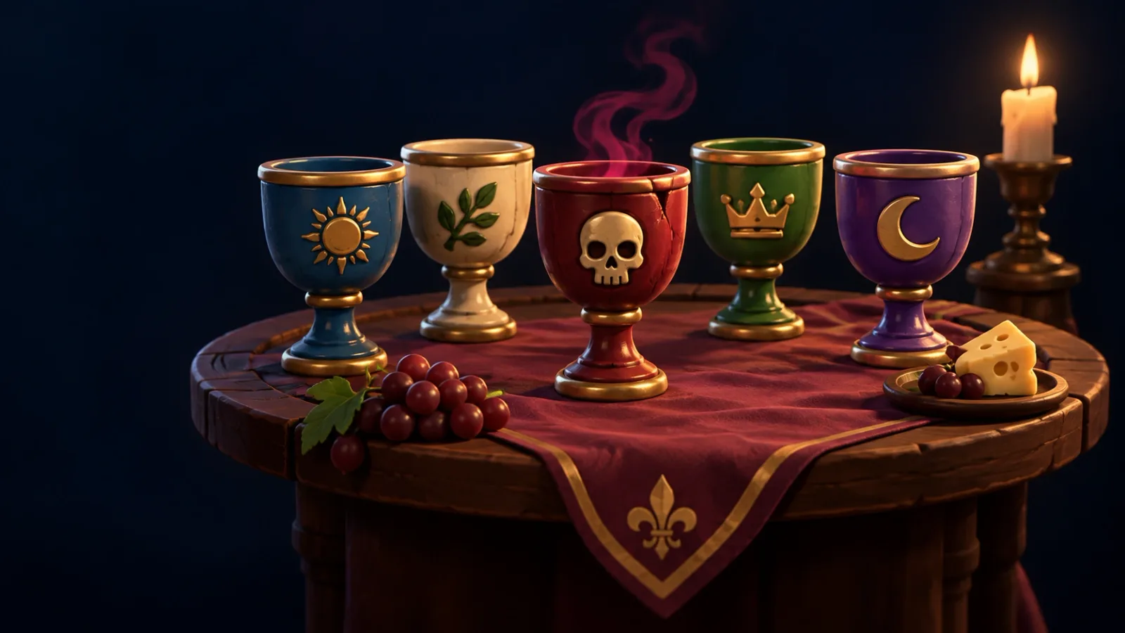 Illustrated cover for Poison Chalice. Five goblets. One's dodgy. The poisoner's at the table.