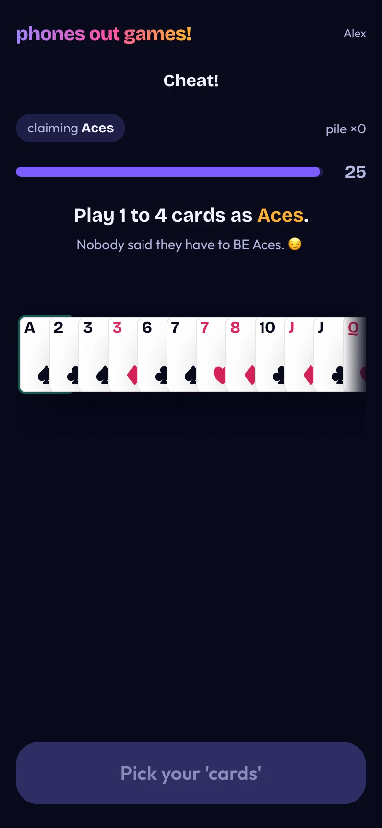 Cheat! phone screen: Play your cards