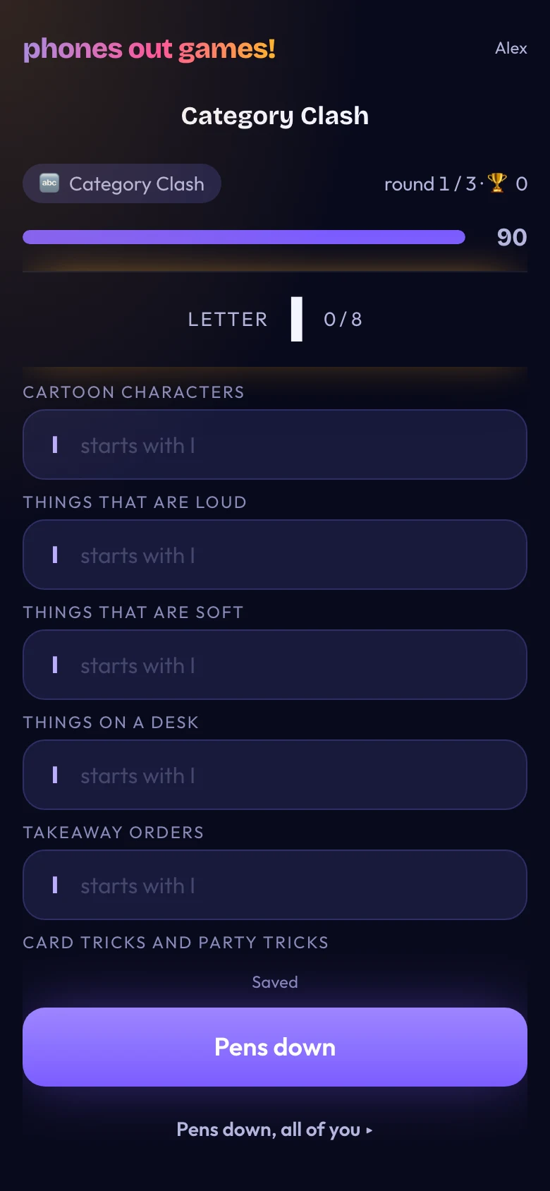 Category Clash phone screen: Fill your sheet