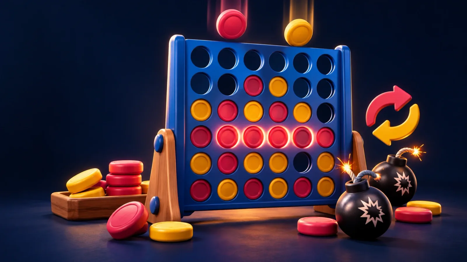 Illustrated cover for Connect. Head-to-head gravity discs in 3D. Bombs optional.