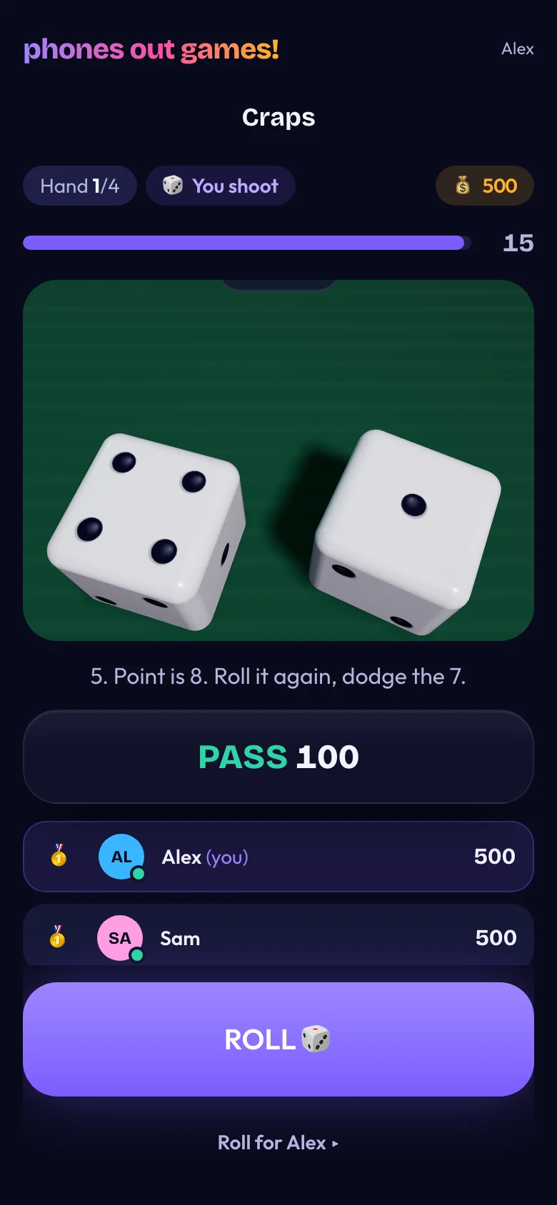 Craps phone screen: Roll for the point