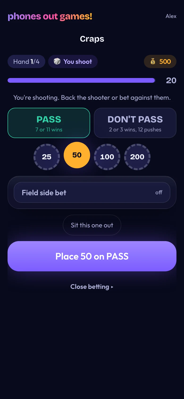 Craps phone screen: Place your bet
