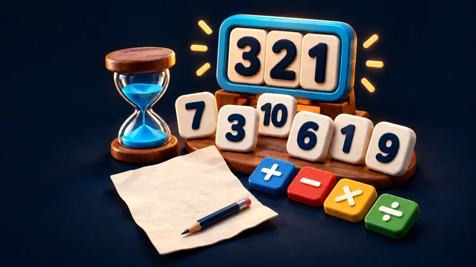 Illustrated cover for Number Crunch. Six numbers, one target, forty-five seconds. Show your working.
