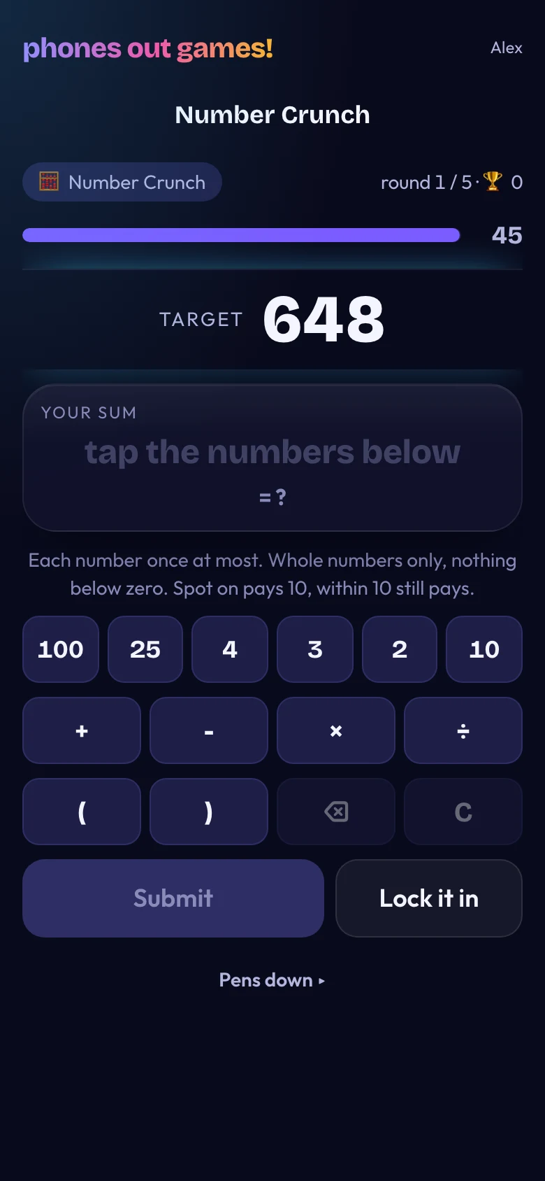 Number Crunch phone screen: Reach the target