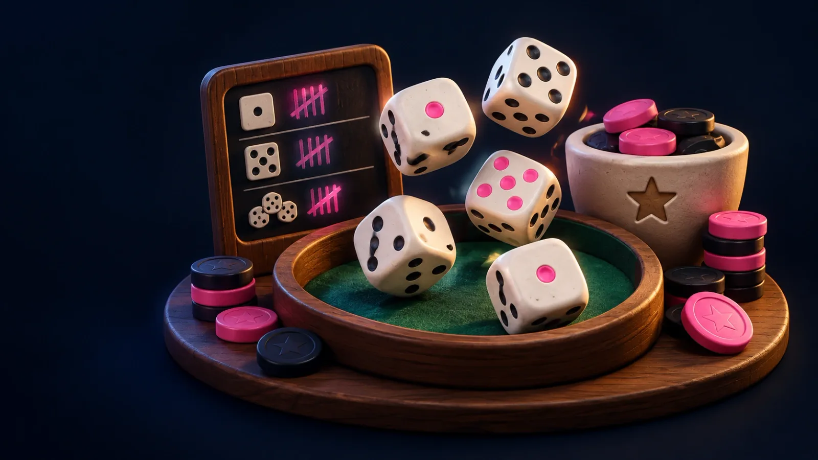 Illustrated cover for Greed. Push your luck. 3D dice on the telly.
