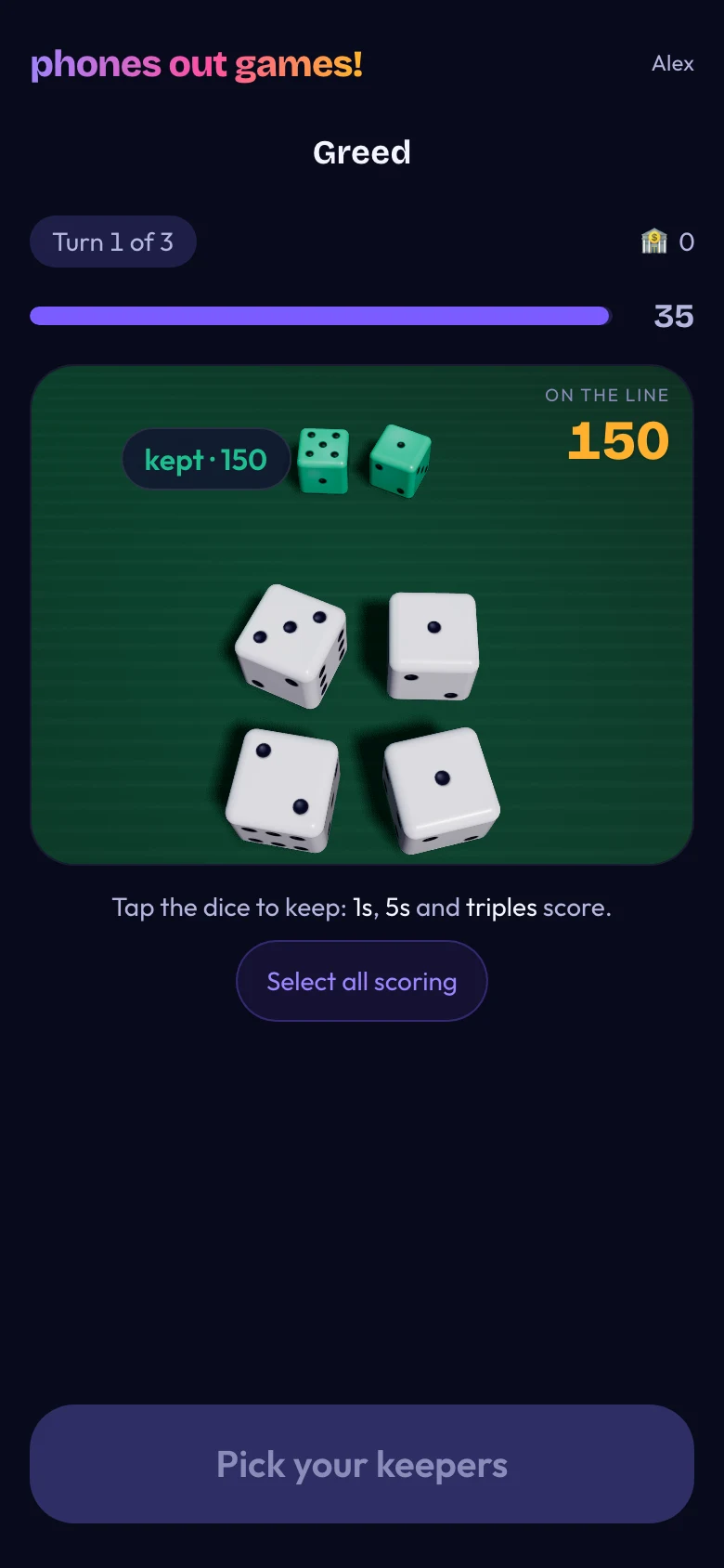 Greed phone screen: Keep rolling