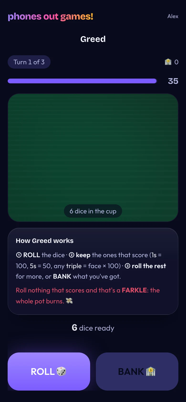 Greed phone screen: Roll or bank