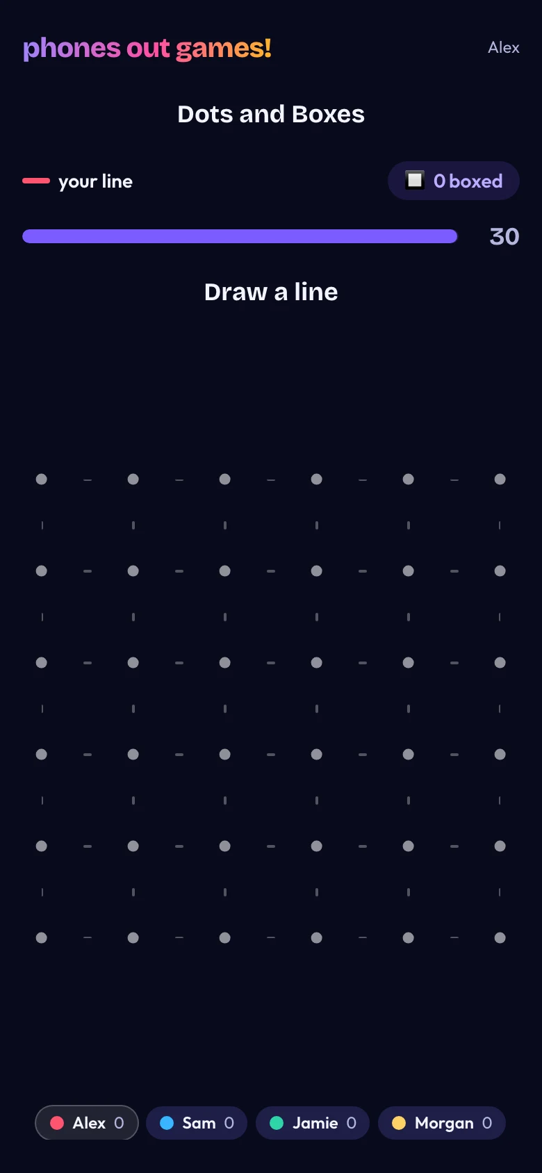 Dots and Boxes phone screen: Draw a line