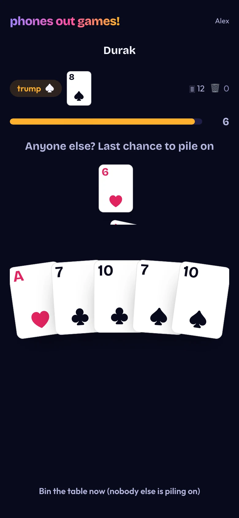Durak phone screen: Close the round