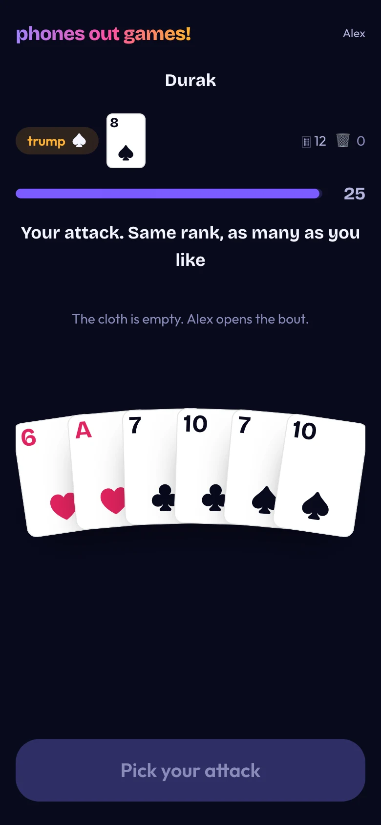 Durak phone screen: Play your attack