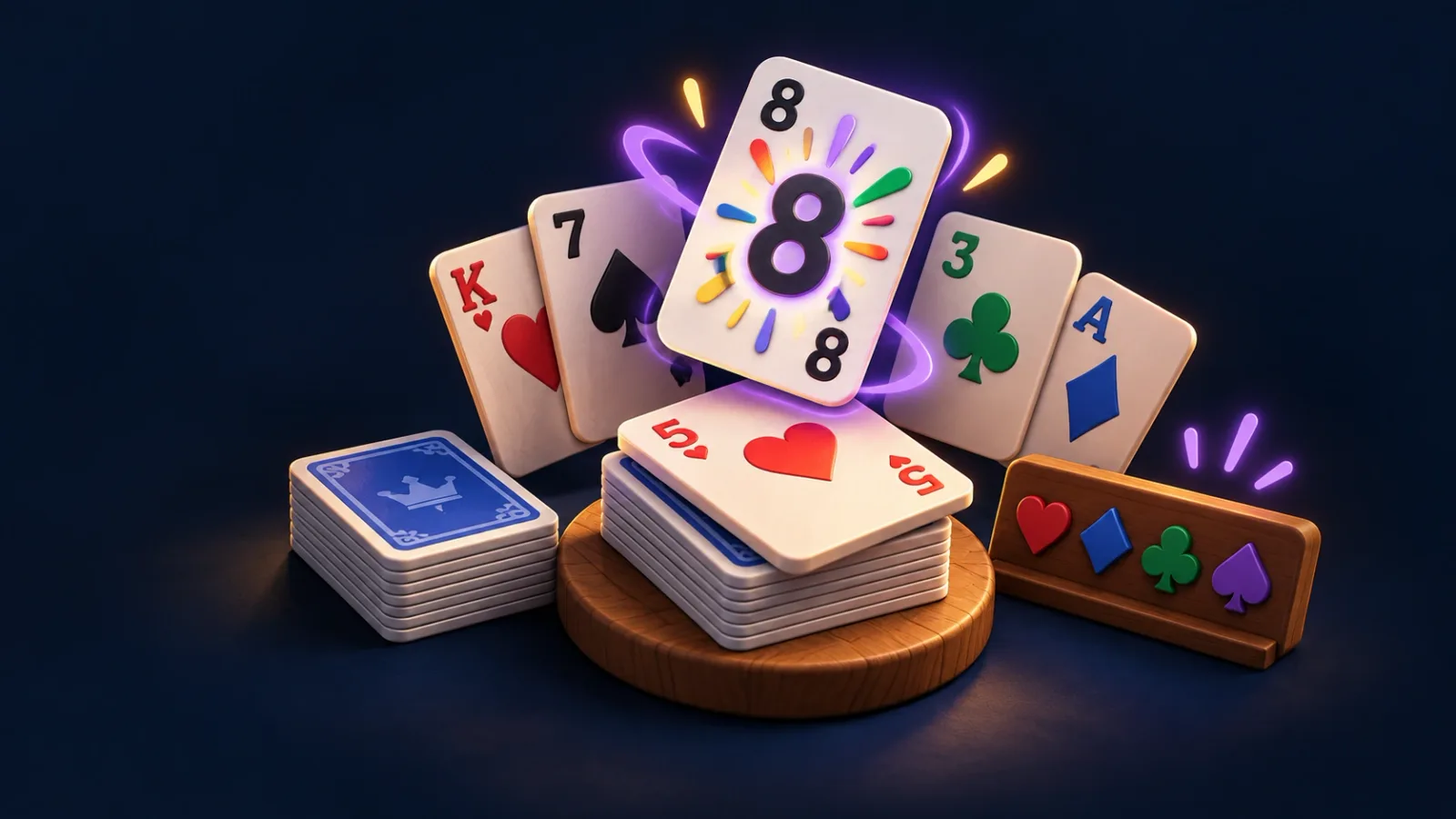 Illustrated cover for Crazy Eights. Match the suit, match the rank. Eights bend the rules.