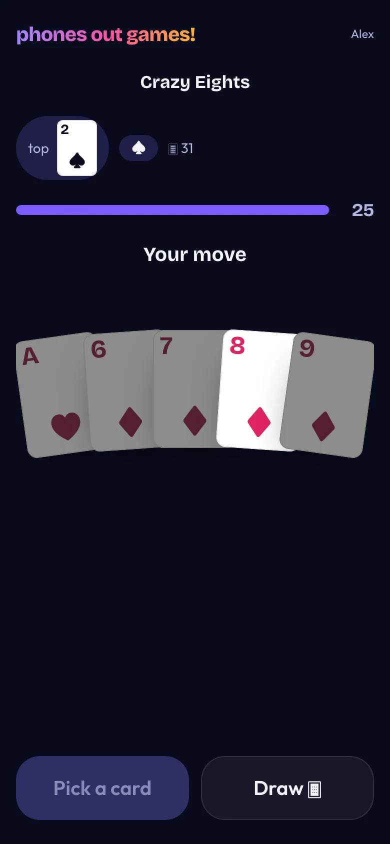Crazy Eights phone screen: Match or draw