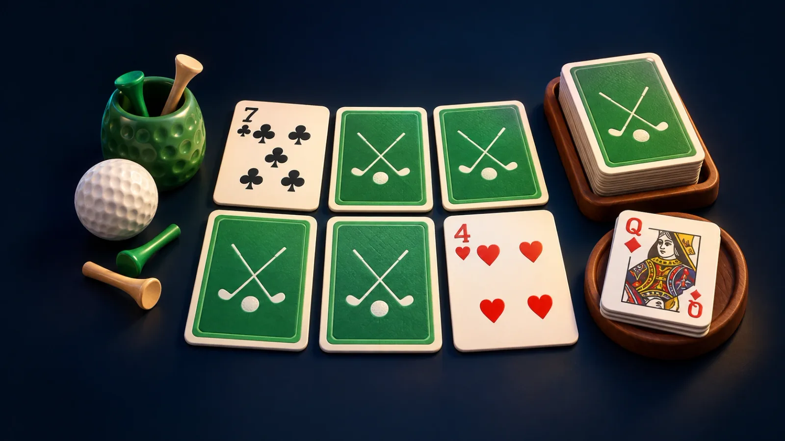 Illustrated cover for Golf. Six cards face down. Turn the junk out, pair your columns, go round in the fewest.
