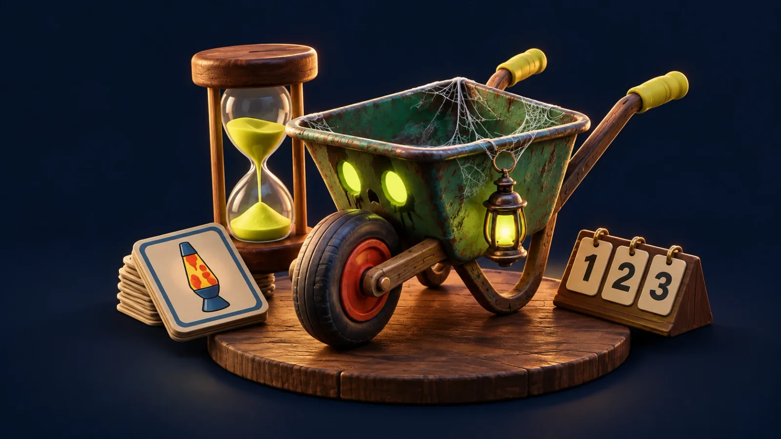Illustrated cover for Hard Sell. Thirty seconds to sell the room a Haunted Wheelbarrow.