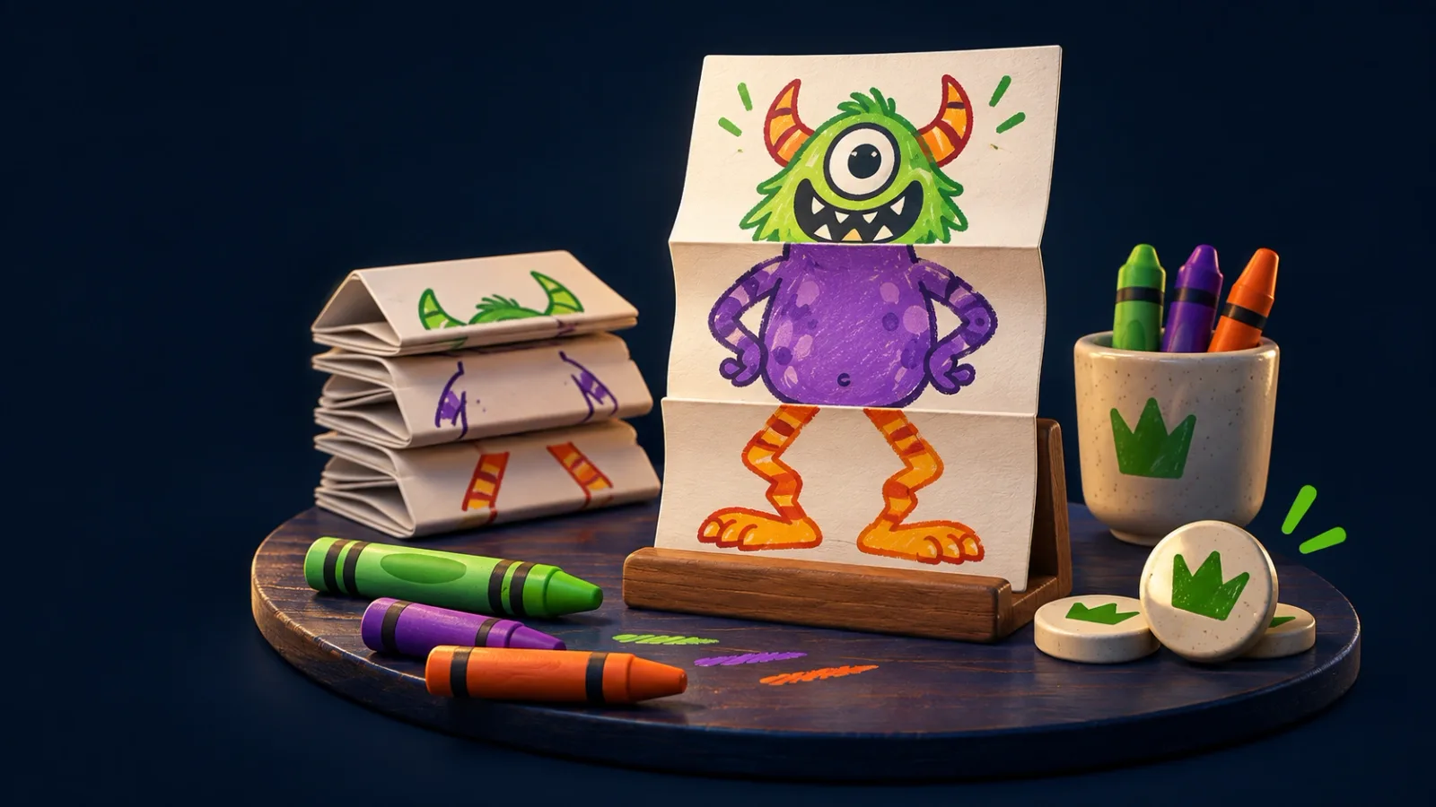 Illustrated cover for Heads, Bodies & Legs. Draw a head, inherit a mystery. Fold-the-paper monsters, then vote for the best.
