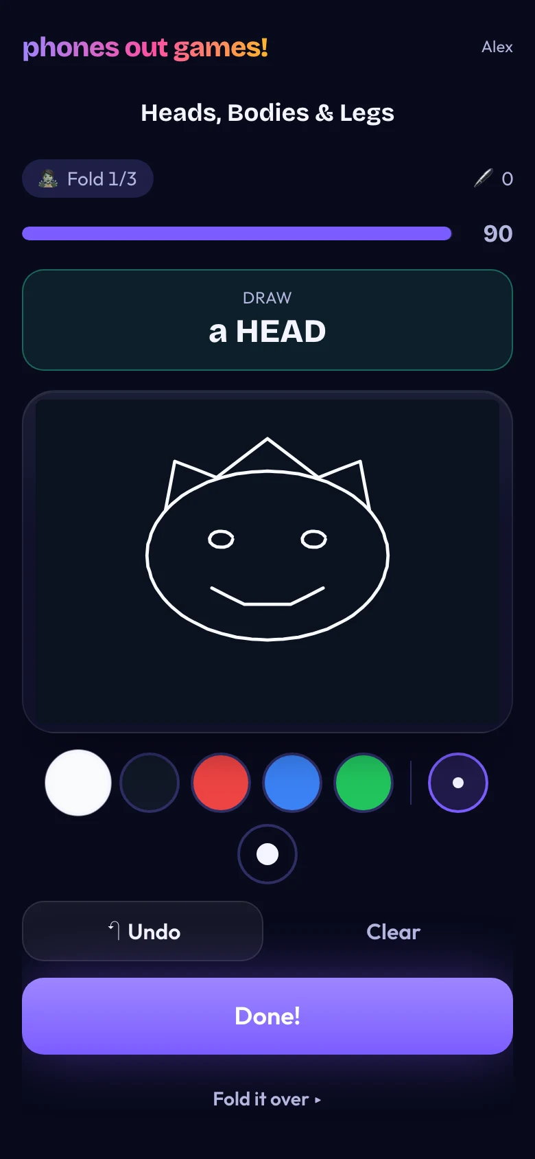 Heads, Bodies & Legs phone screen: Draw a head