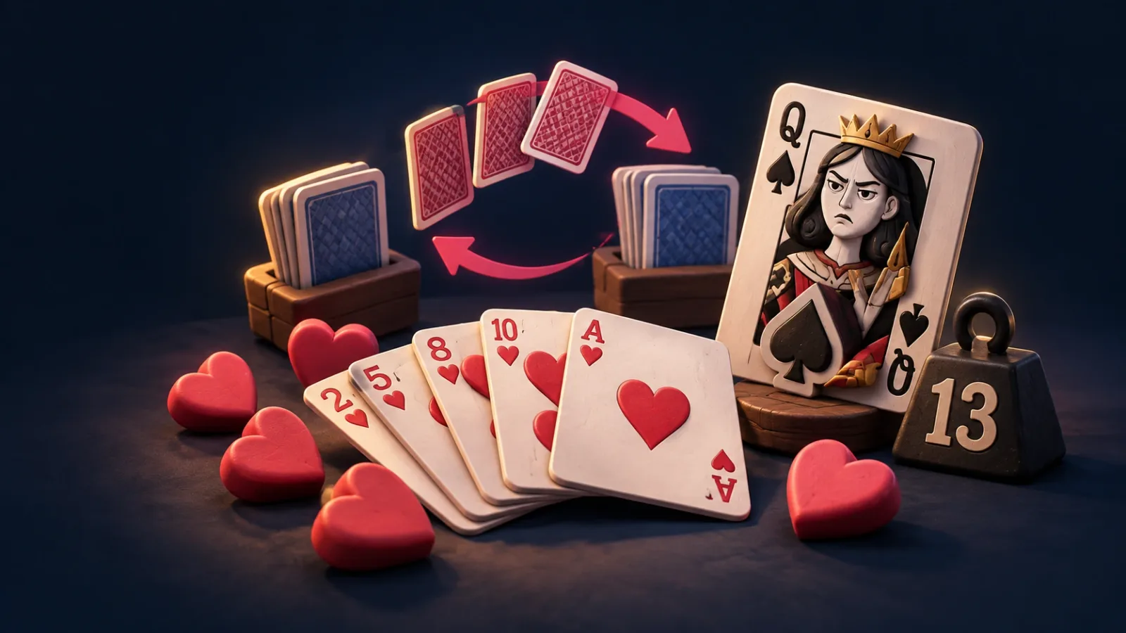 Illustrated cover for Hearts. Dodge the hearts, dodge the Queen. Lowest score wins the night.