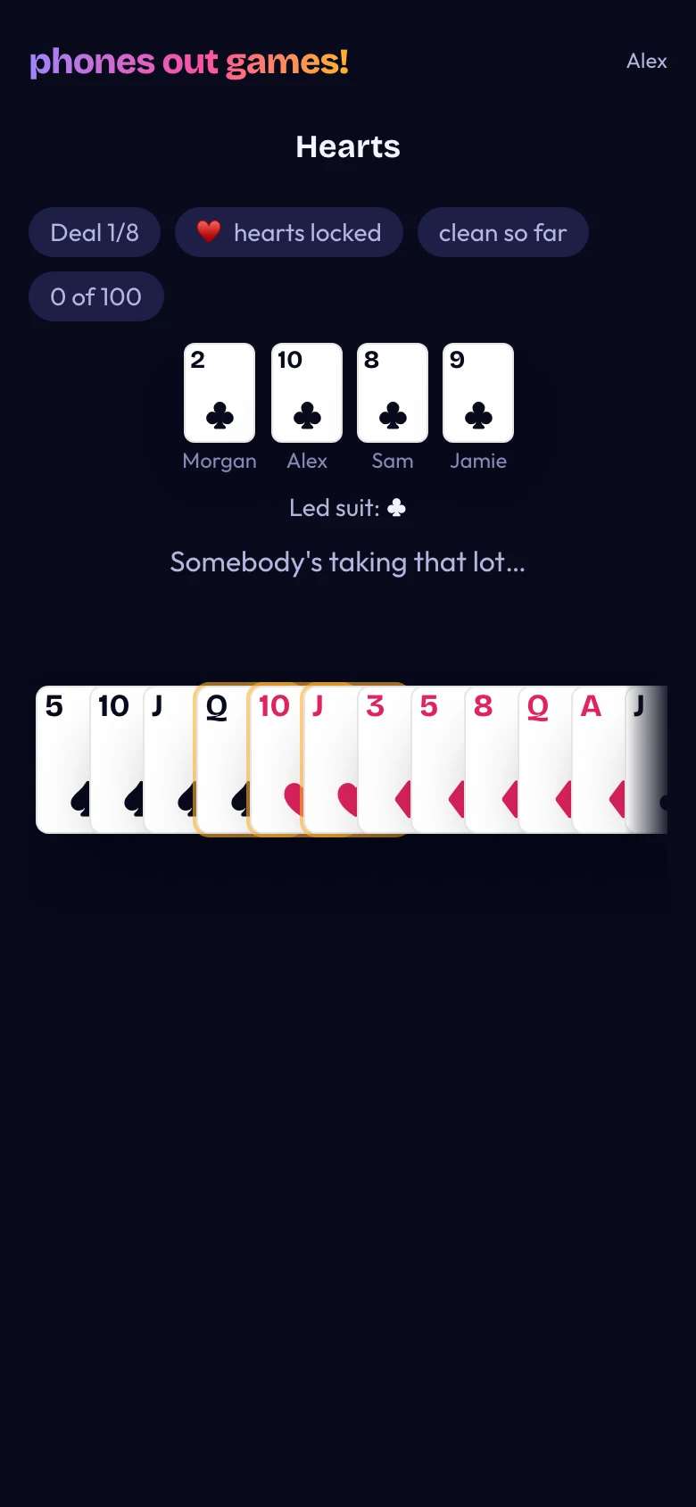 Hearts phone screen: Play the trick