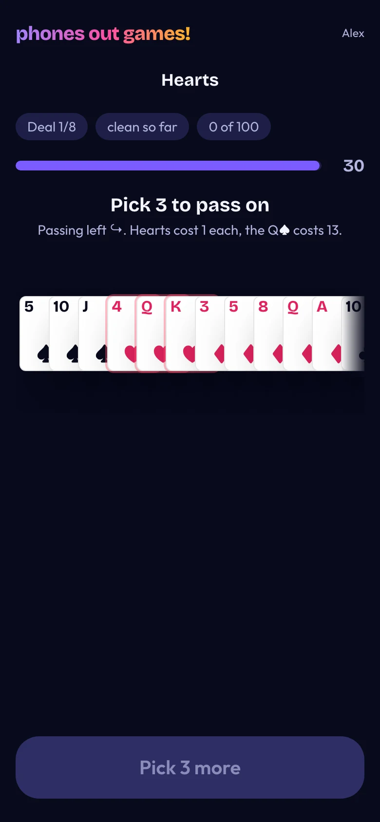 Hearts phone screen: Pass three cards