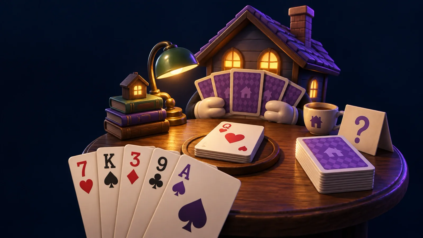 Illustrated cover for House Rules. A dull little card game with rules nobody told you about.