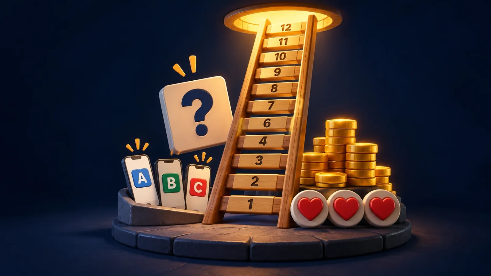 Illustrated cover for Ladder. One room, one ladder, three lives. Climb for the lot or walk with the cash.