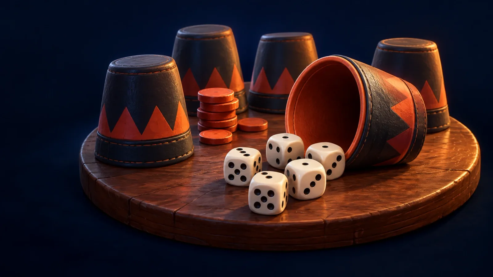 Illustrated cover for Liar's Dice. Your dice are secret; your face isn't. Bid, bluff, and call the liar.