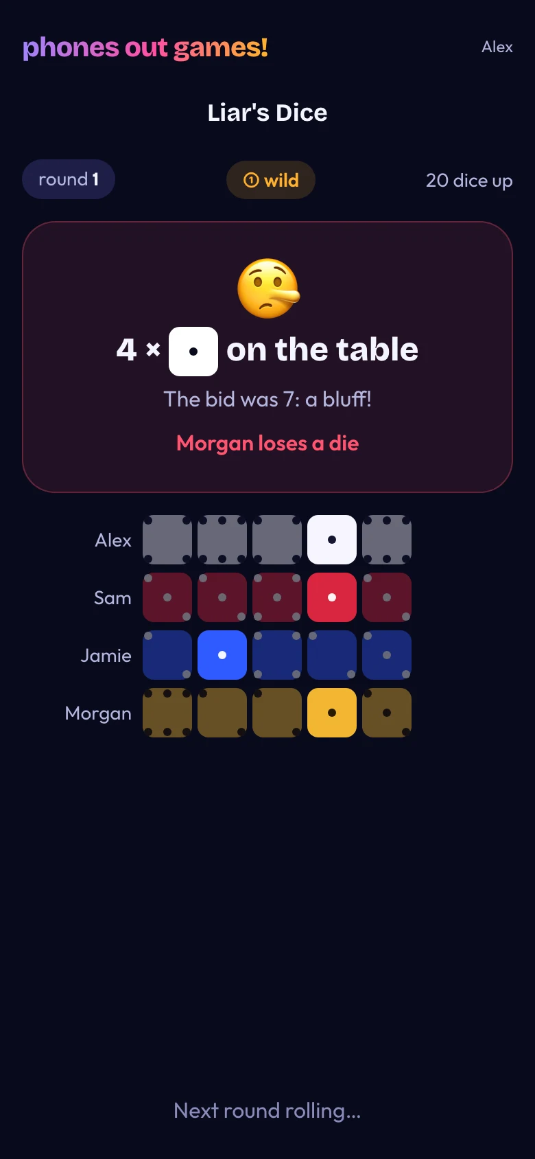 Liar's Dice phone screen: See the reveal