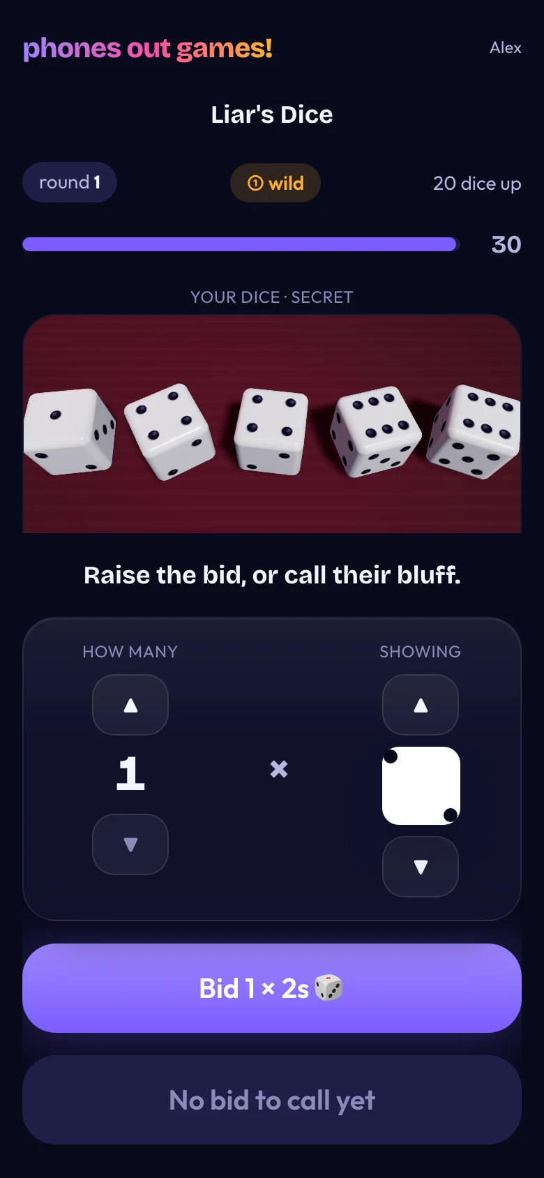 Liar's Dice phone screen: Place your bid