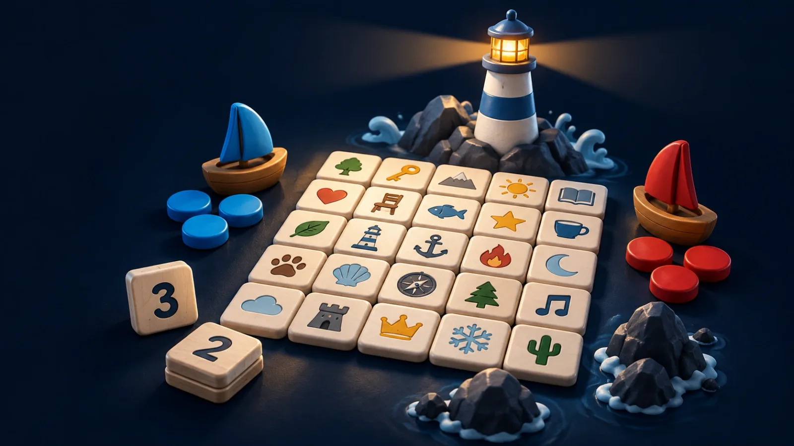 Illustrated cover for Lighthouse. Two teams, one grid, one word at a time. Steer your crew clear of the rocks.