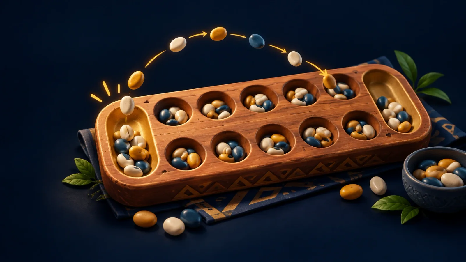 Illustrated cover for Mancala. Sow the seeds, pinch theirs, finish with the fullest store.