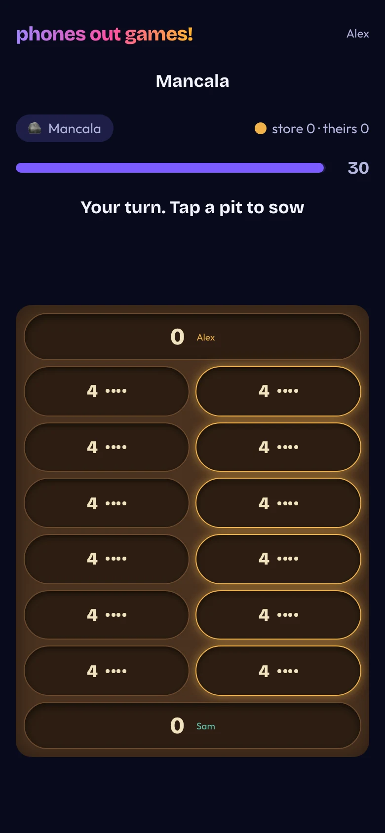 Mancala phone screen: Sow your seeds