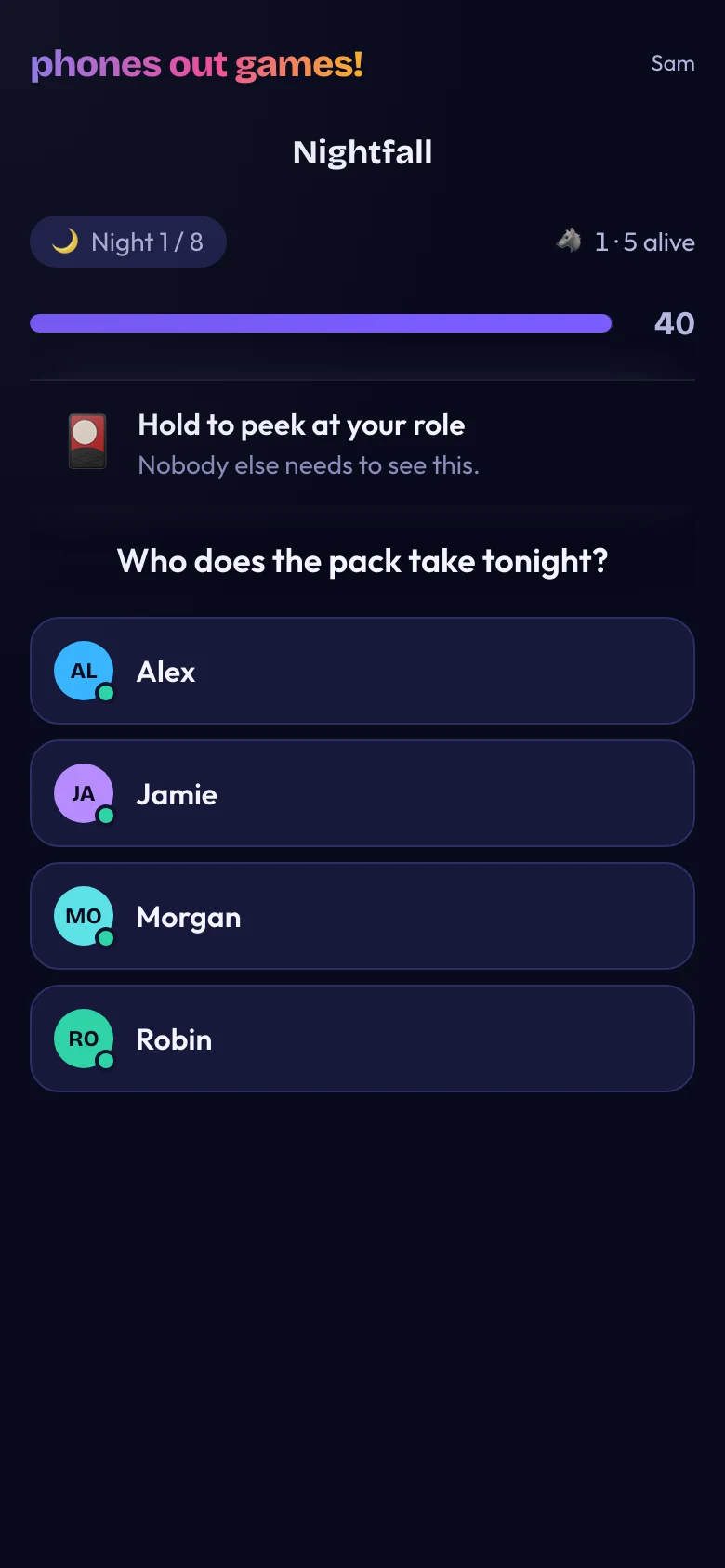 Nightfall phone screen: Choose your night action