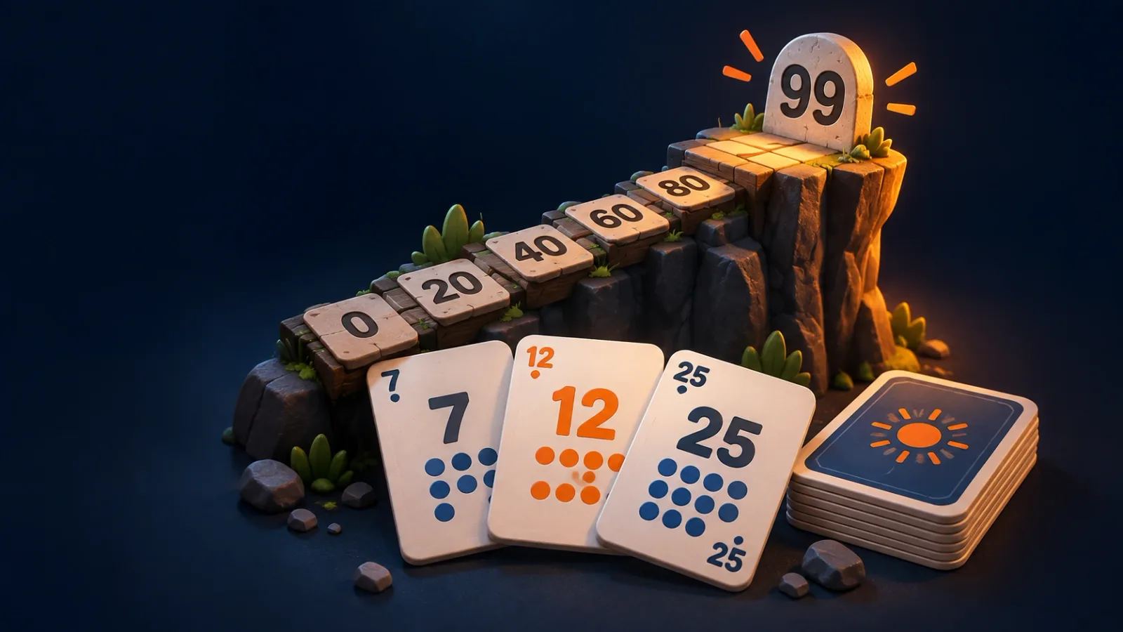 Illustrated cover for Ninety-Nine. Count up, don't tip over. Ninety-nine is the cliff edge.