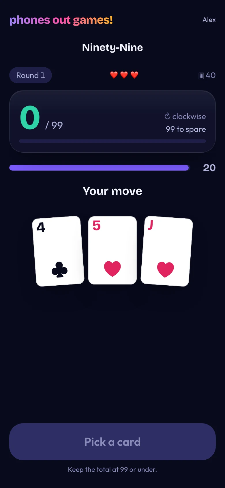 Ninety-Nine phone screen: Play a card
