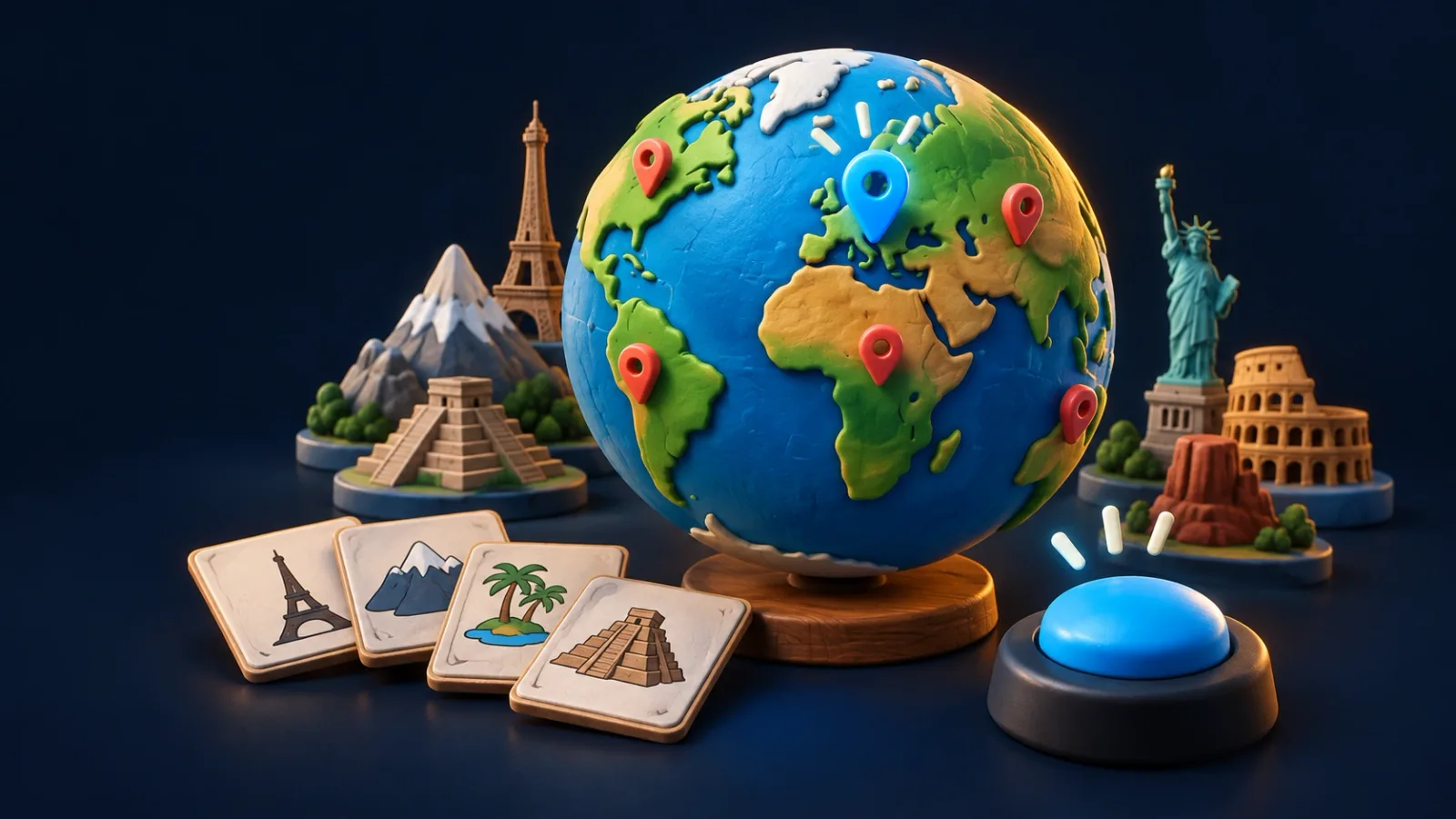 Illustrated cover for Pin the Planet. We name a place, you tap the map. Nearest pin takes the round.