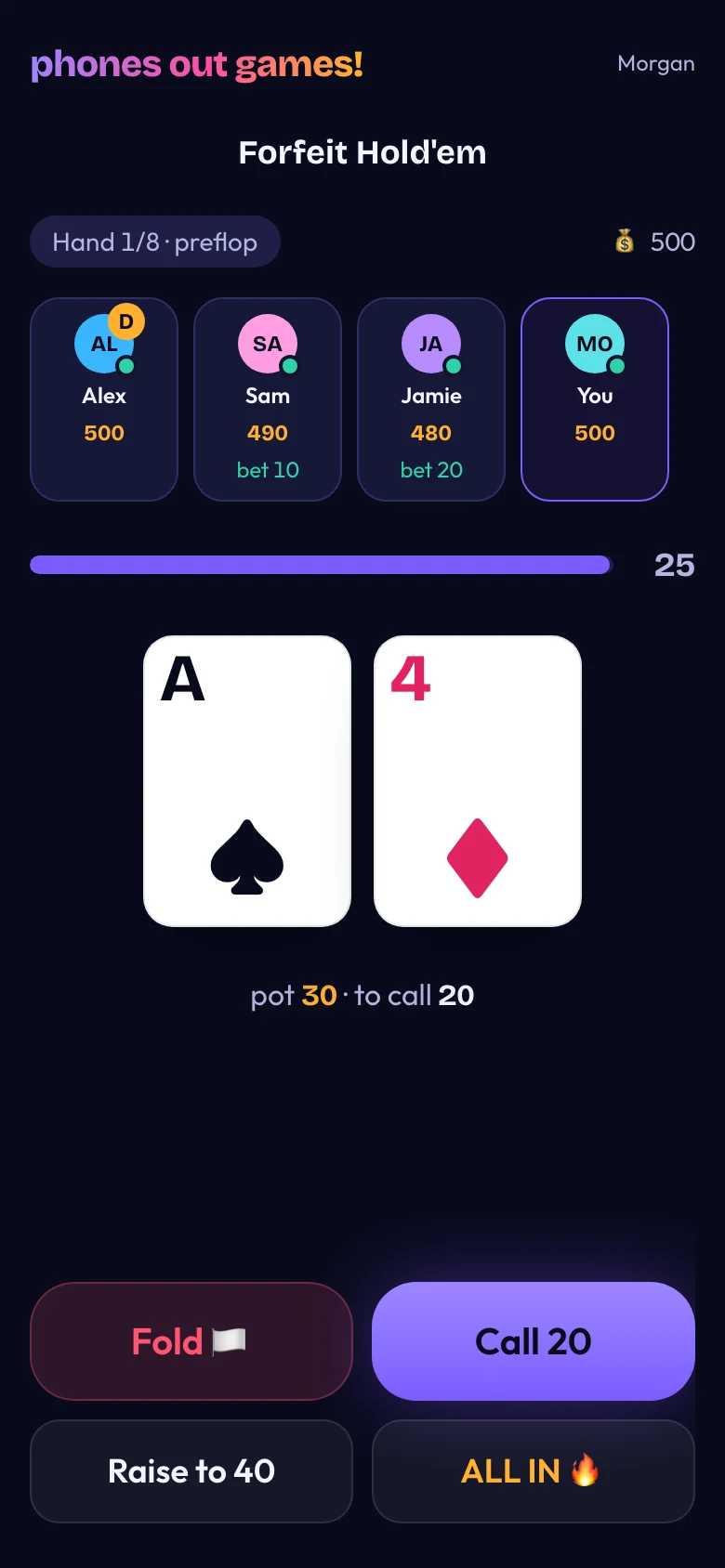 Forfeit Hold'em phone screen: Your action
