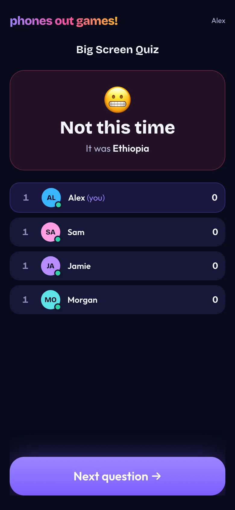 Big Screen Quiz phone screen: See the reveal
