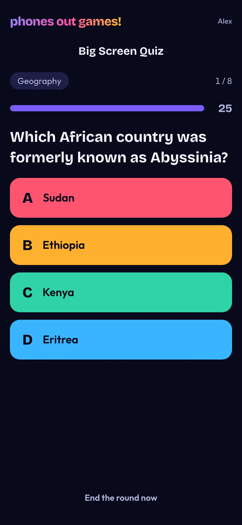 Big Screen Quiz phone screen: Pick your answer