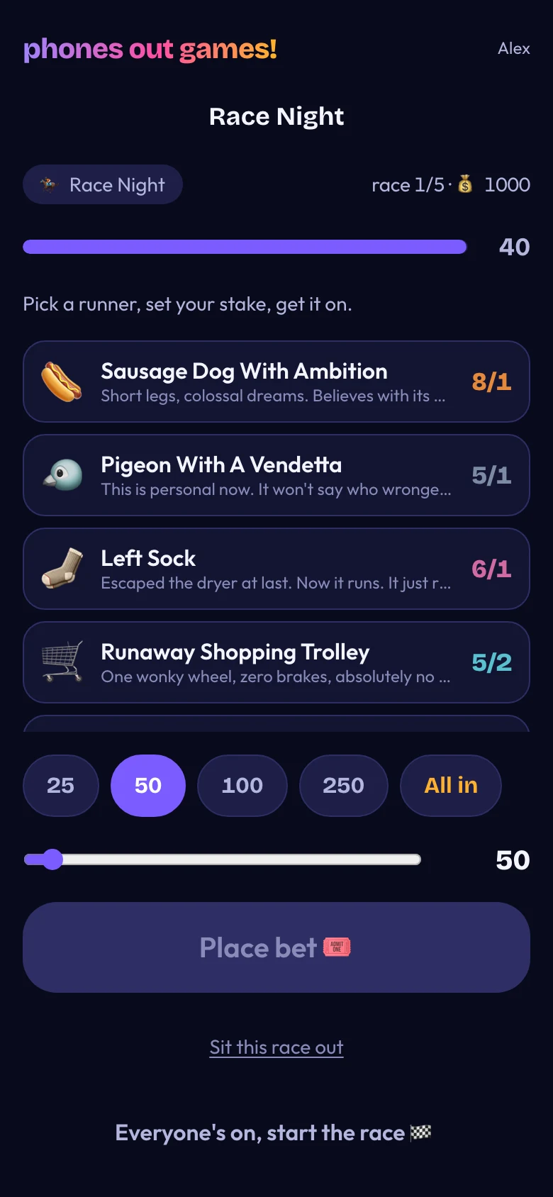 Race Night phone screen: Place your bet